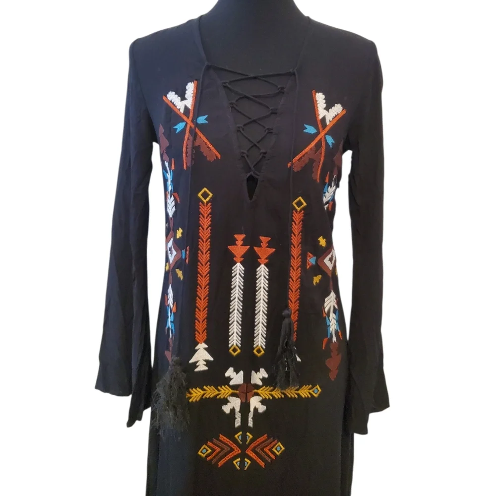 Embroidered Black Maxi Dress w/ Side Slits Size S Native American Boho Nasty Gal - Picture 7 of 12